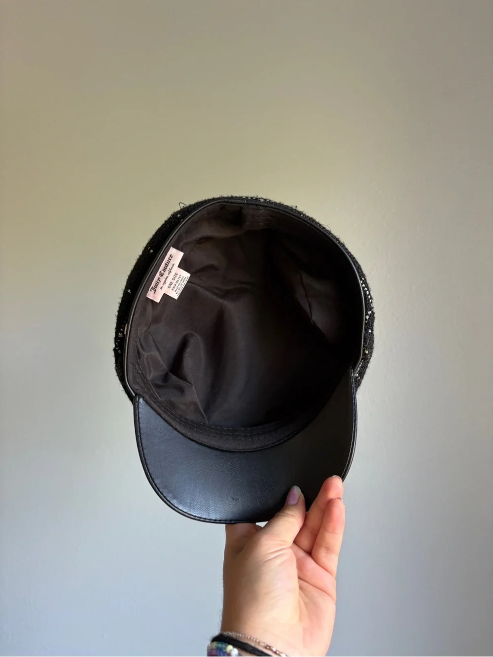 Y2K Juicy Couture Black Tweed Newsboy Cap with Faux Leather Visor